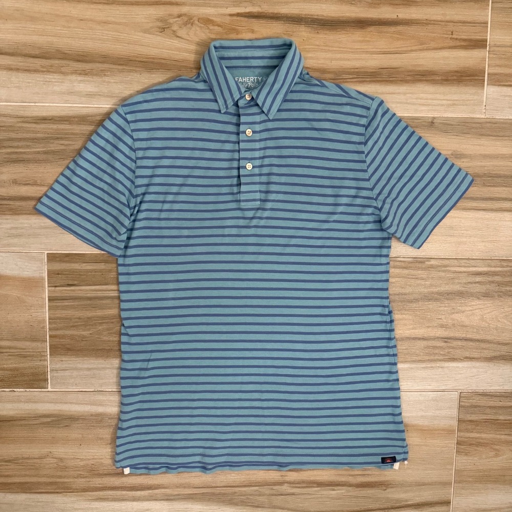 Faherty Isle Polo Mens XS Blue Striped Organic Cotton Short Sleeve Shirt